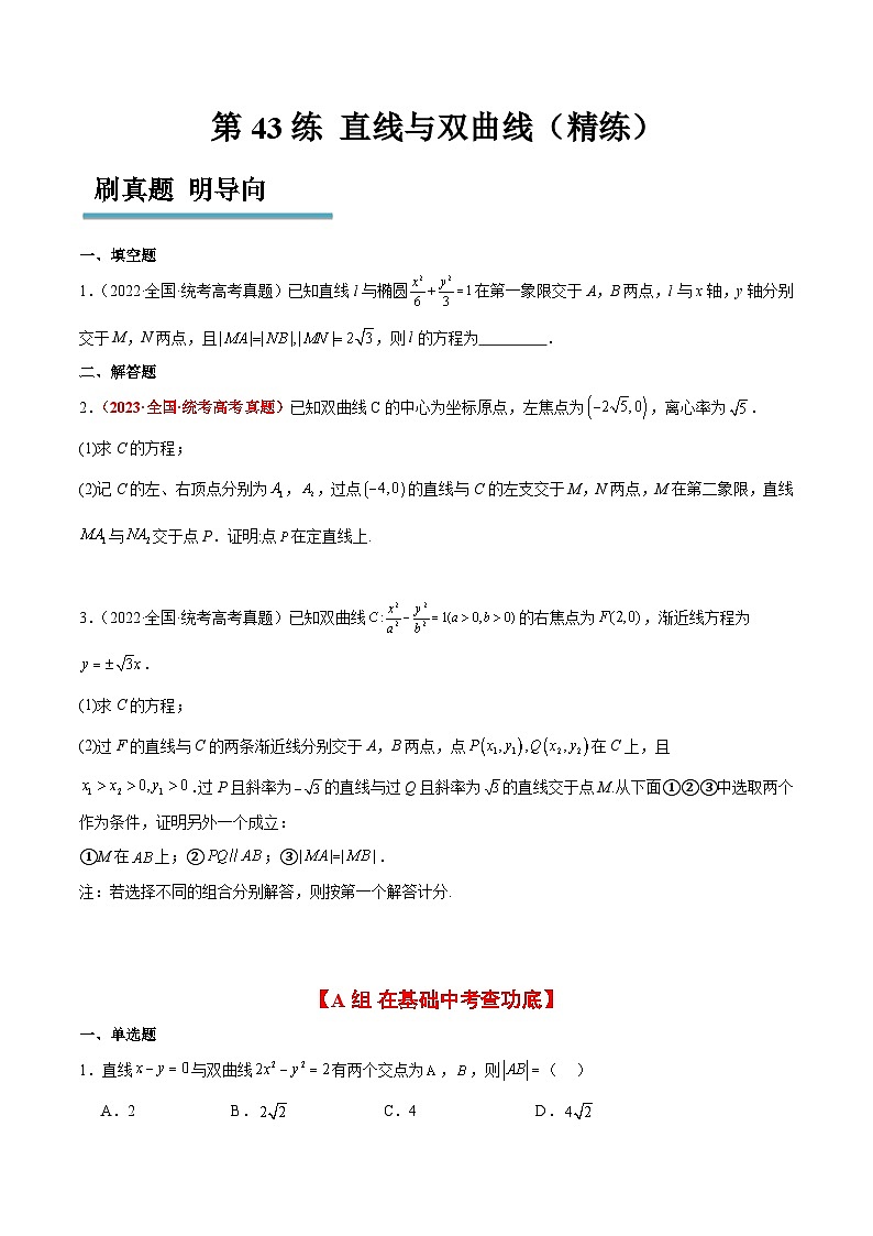 新高考数学一轮复习考点题型归纳讲练第44练 直线与双曲线（精练：基础+重难点）原卷版第1页