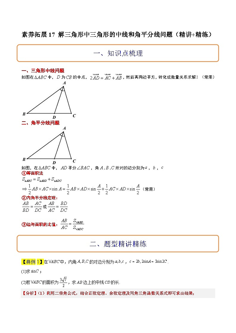 新高考数学一轮复习考点题型归纳讲练素养拓展17 解三角形中三角形的中线和角平分线问题（精讲+精练）解析版第1页