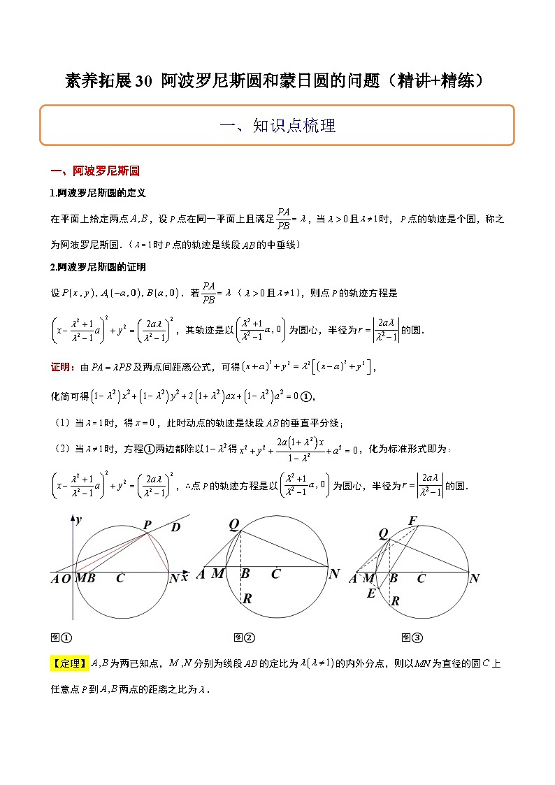 新高考数学一轮复习考点题型归纳讲练素养拓展30 阿波罗尼斯圆和蒙日圆的问题（精讲+精练）原卷版第1页