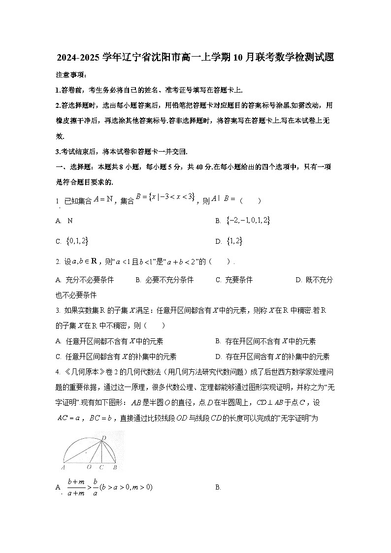 2024-2025学年辽宁省沈阳市高一上册10月联考数学检测试题第1页