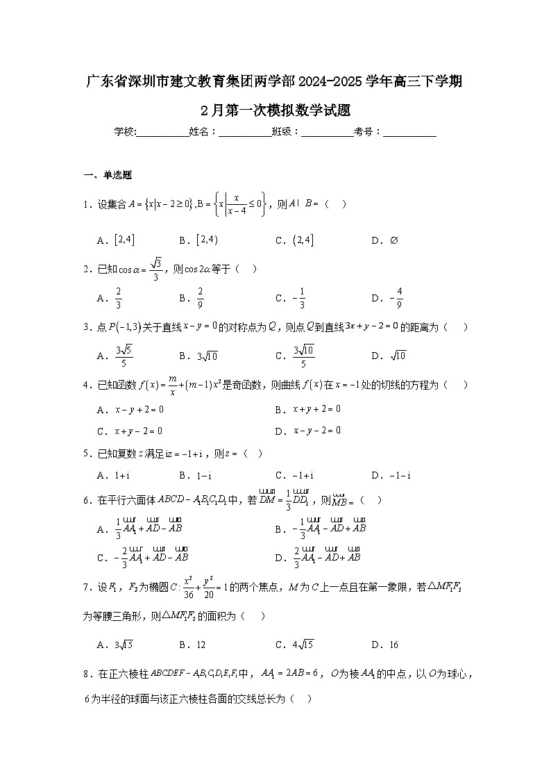 广东省深圳市建文教育集团两学部2024-2025学年高三下学期2月第一次模拟数学试题第1页