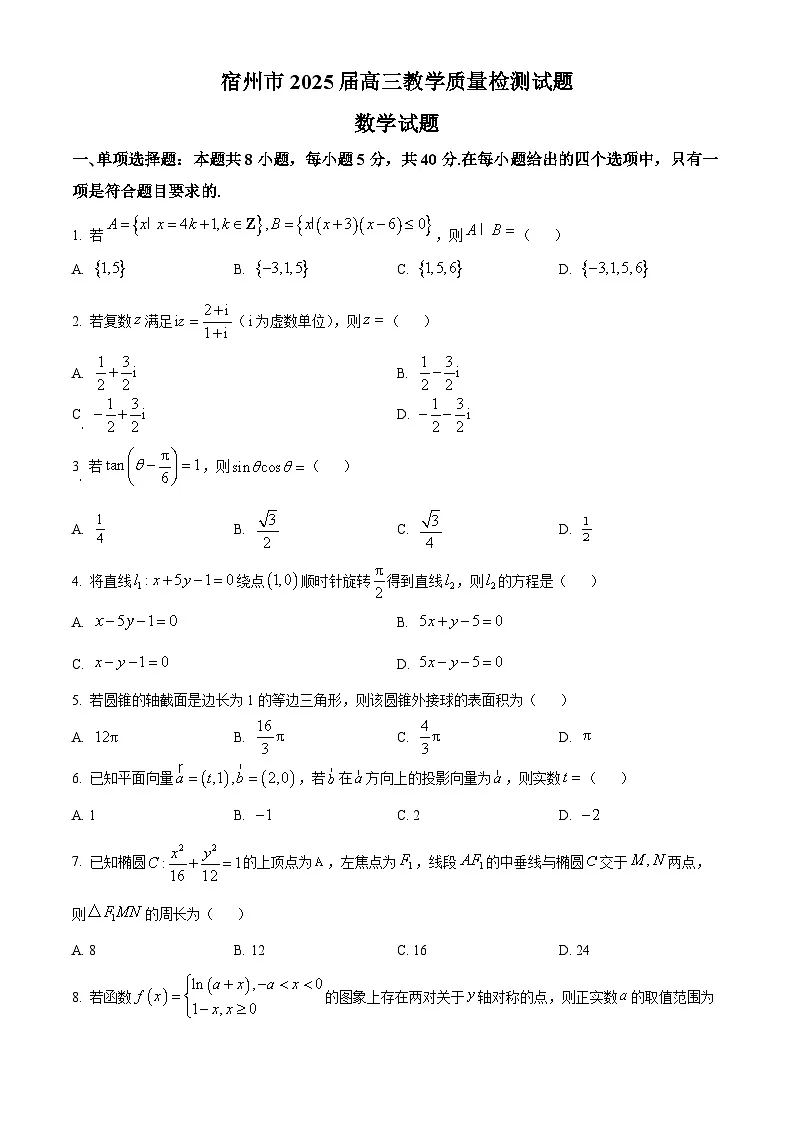 安徽省宿州市2024-2025学年高三上学期期末教学质量检测数学试卷 Word版无答案第1页