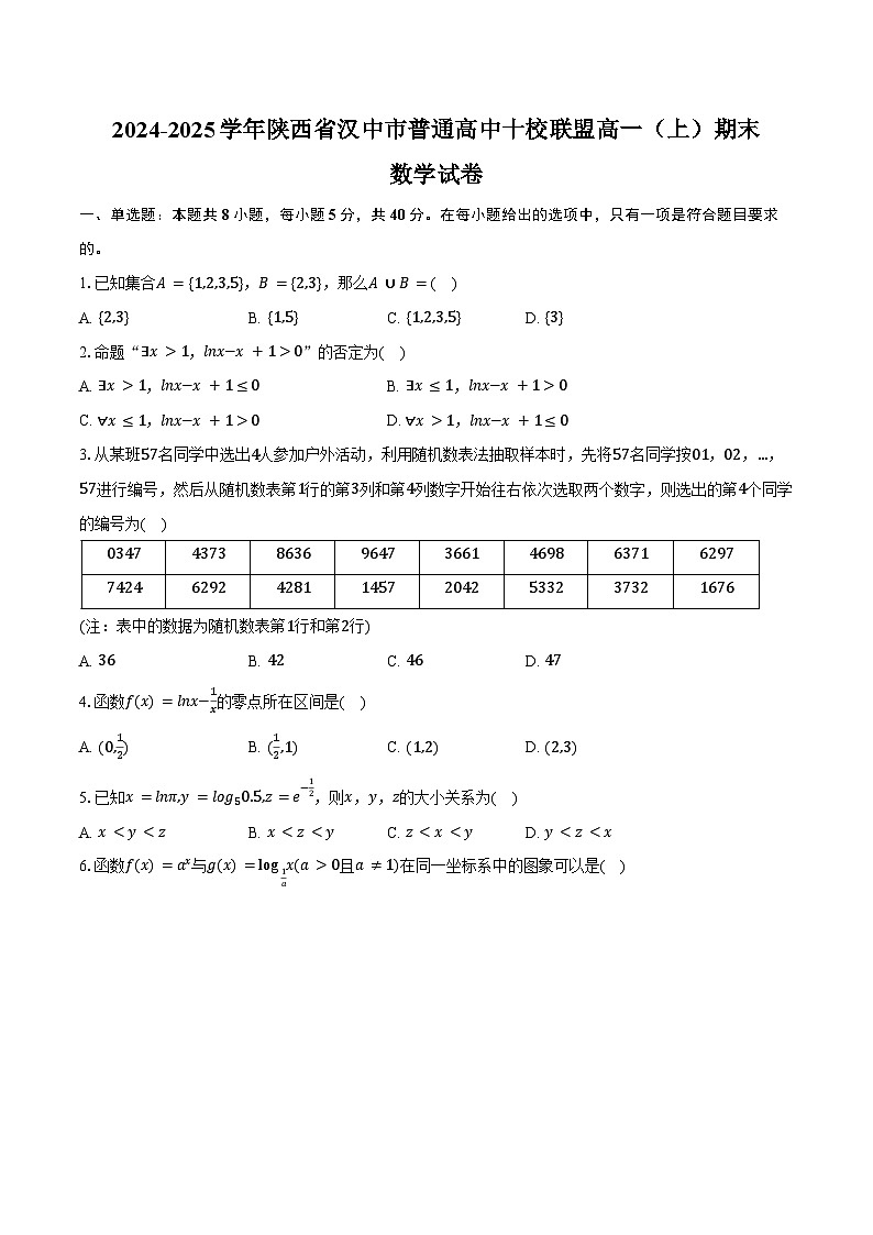 2024-2025学年陕西省汉中市普通高中十校联盟高一（上）期末数学试卷（含答案）第1页