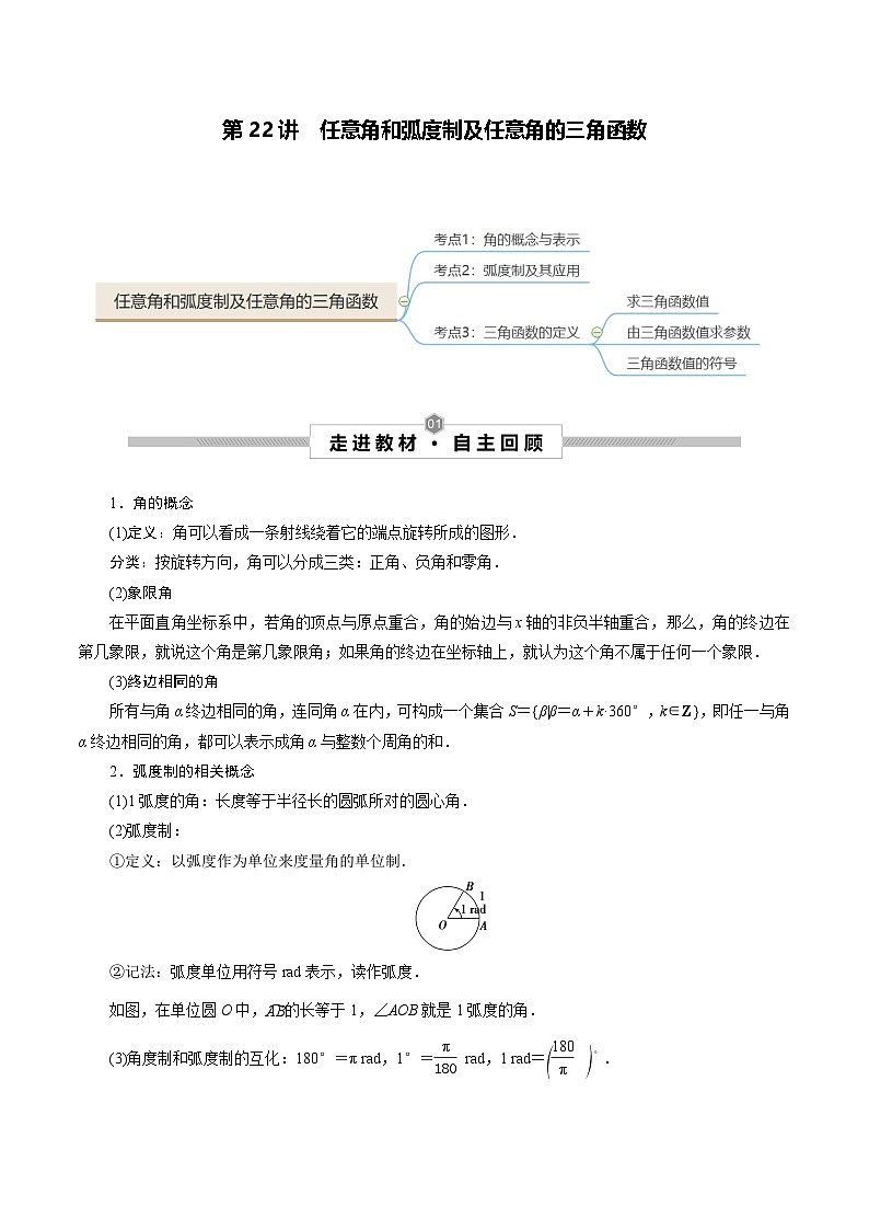 新高考数学一轮复习考点探究与题型突破训练第22讲 任意角和弧度制及任意角的三角函数（原卷版）第1页