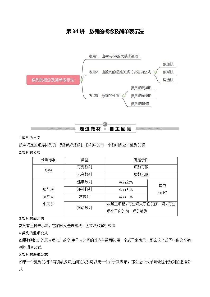 新高考数学一轮复习考点探究与题型突破训练第34讲 数列的概念及简单表示法（原卷版）第1页