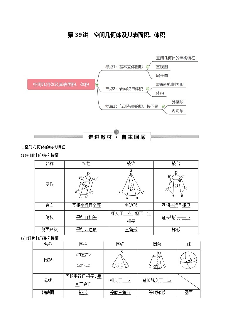 新高考数学一轮复习考点探究与题型突破训练第39讲 空间几何体及其表面积、体积（解析版）第1页