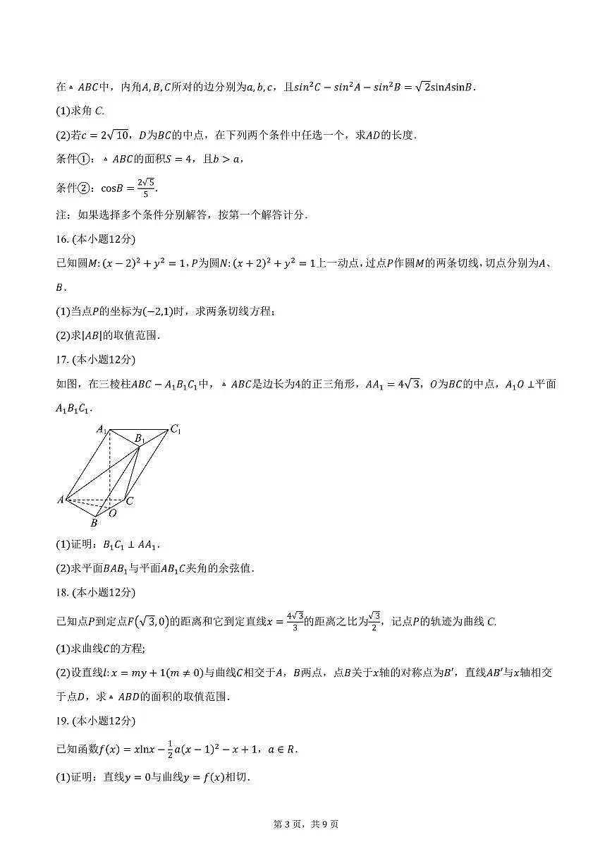 安徽省临泉田家炳实验中学2024-2025学年高二（上）期末数学试卷（含答案）第3页