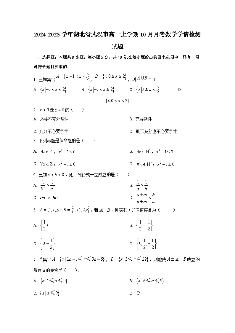 2024-2025学年湖北省武汉市高一上册10月月考数学学情检测试题第1页