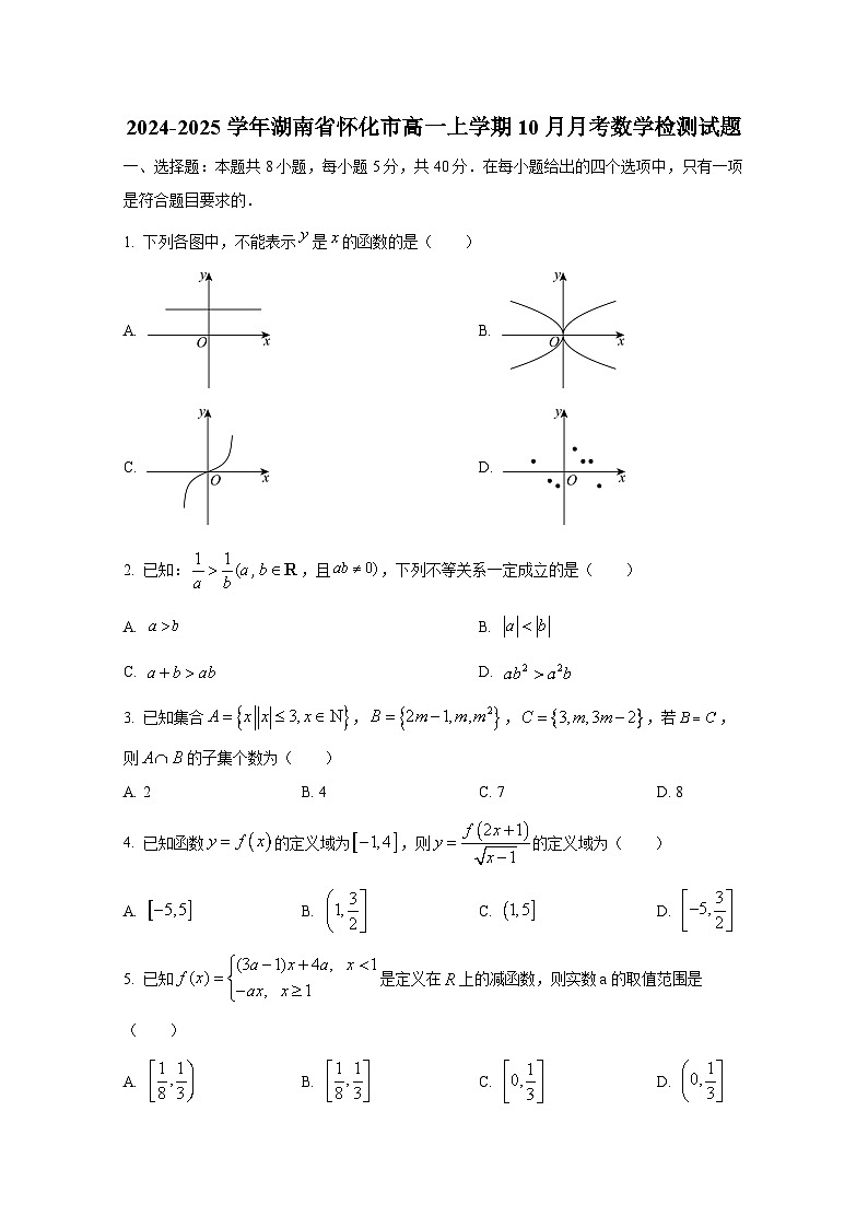 2024-2025学年湖南省怀化市高一上册10月月考数学检测试题（含解析）第1页