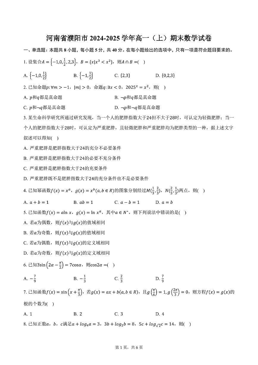 河南省濮阳市2024-2025学年高一（上）期末数学试卷（含答案）第1页