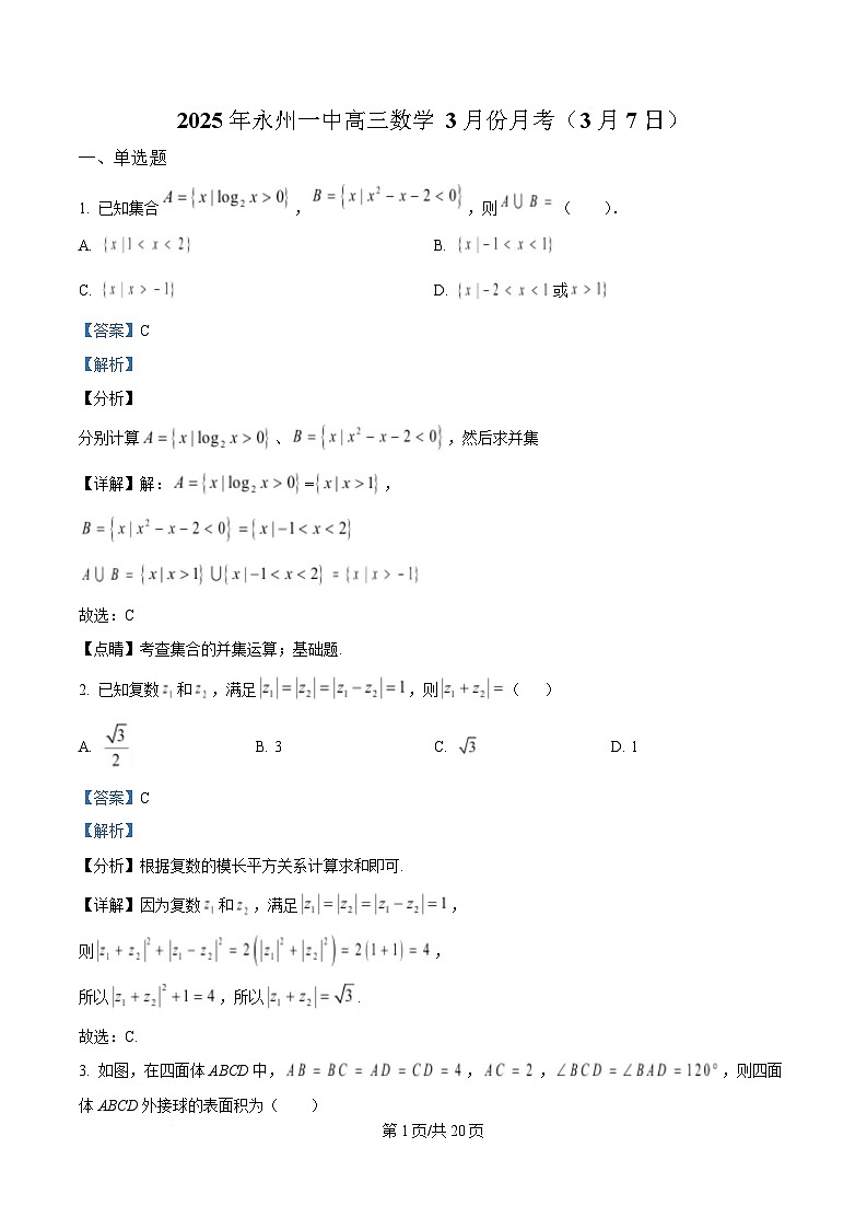 2025届湖南省永州市第一中学高三下学期3月月考数学试卷（3月7日） Word版含解析第1页