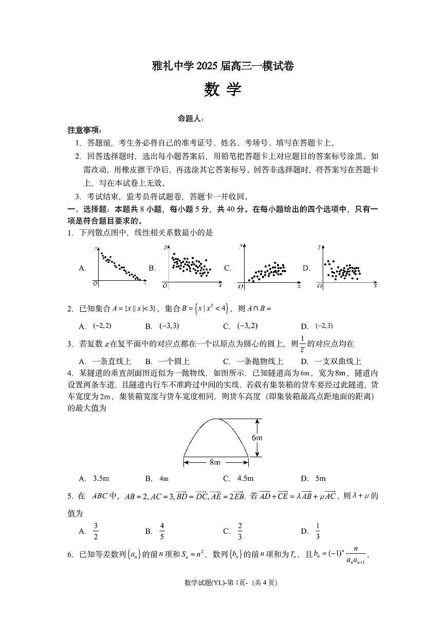 数学-湖南省长沙市雅礼中学2025届高考一模试题第1页