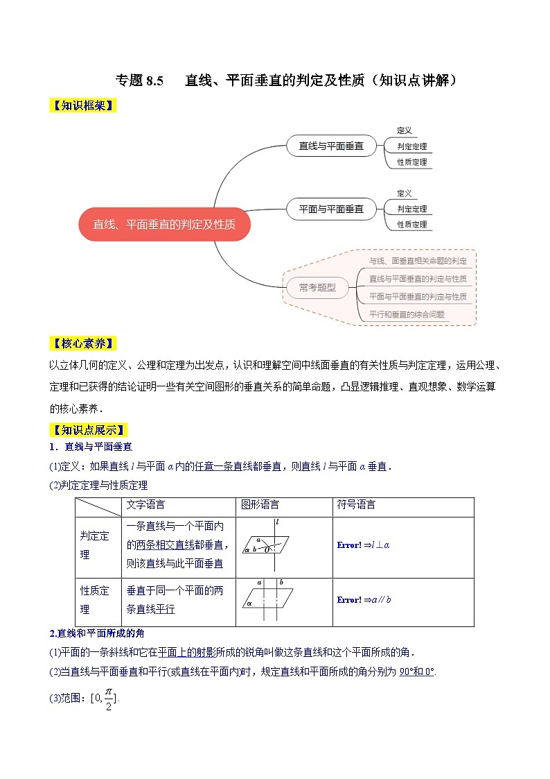 新高考数学一轮复习知识点讲解+真题测试专题8.5 直线、平面垂直的判定及性质（知识点讲解）(解析版)第1页