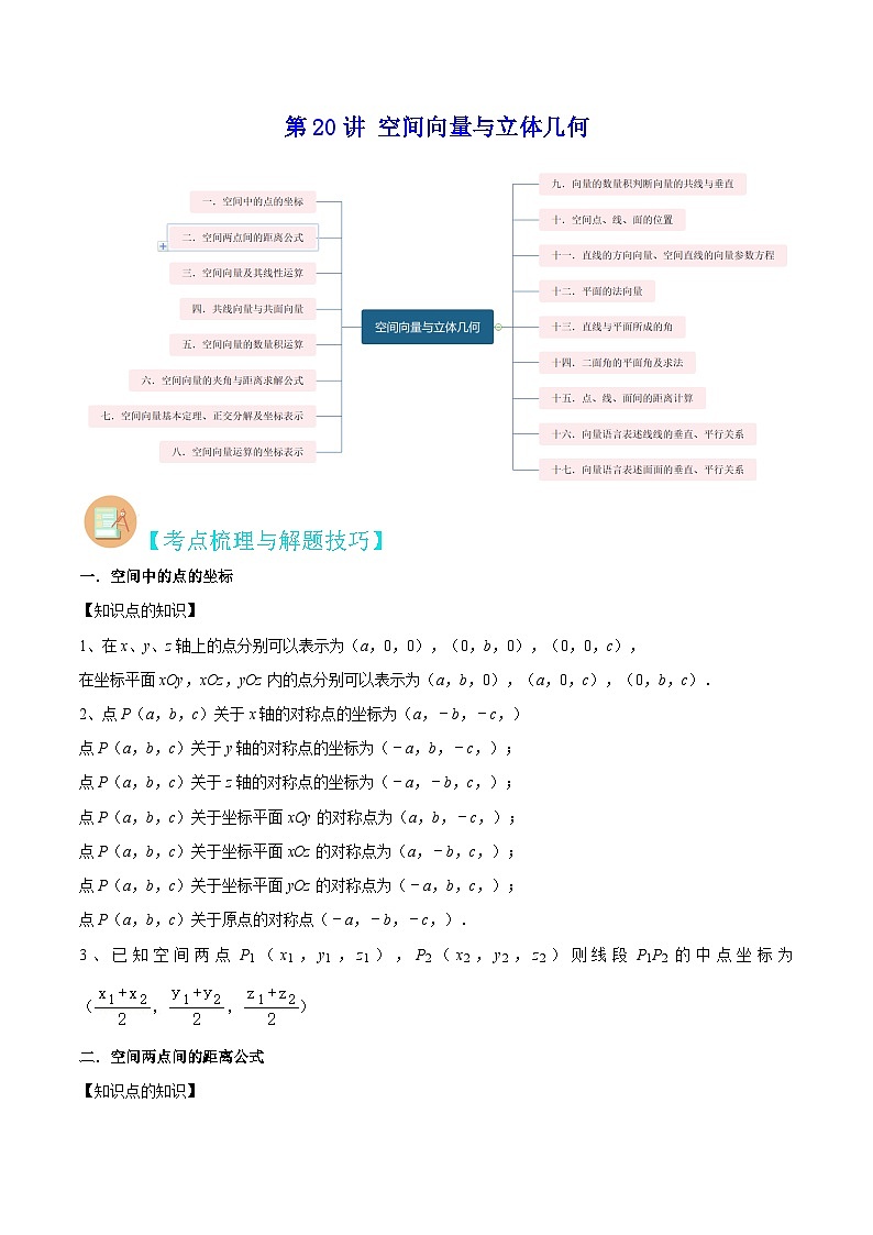 （上海专用）新高考数学二轮满分训练第20讲 空间向量与立体几何（原卷版）第1页