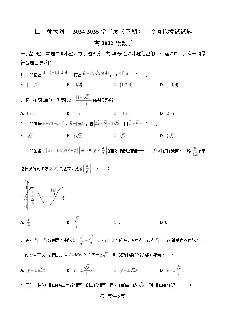 四川省成都市四川师范大学附属中学2024-2025学年高三下学期二诊模拟考试数学试题（原卷版）第1页
