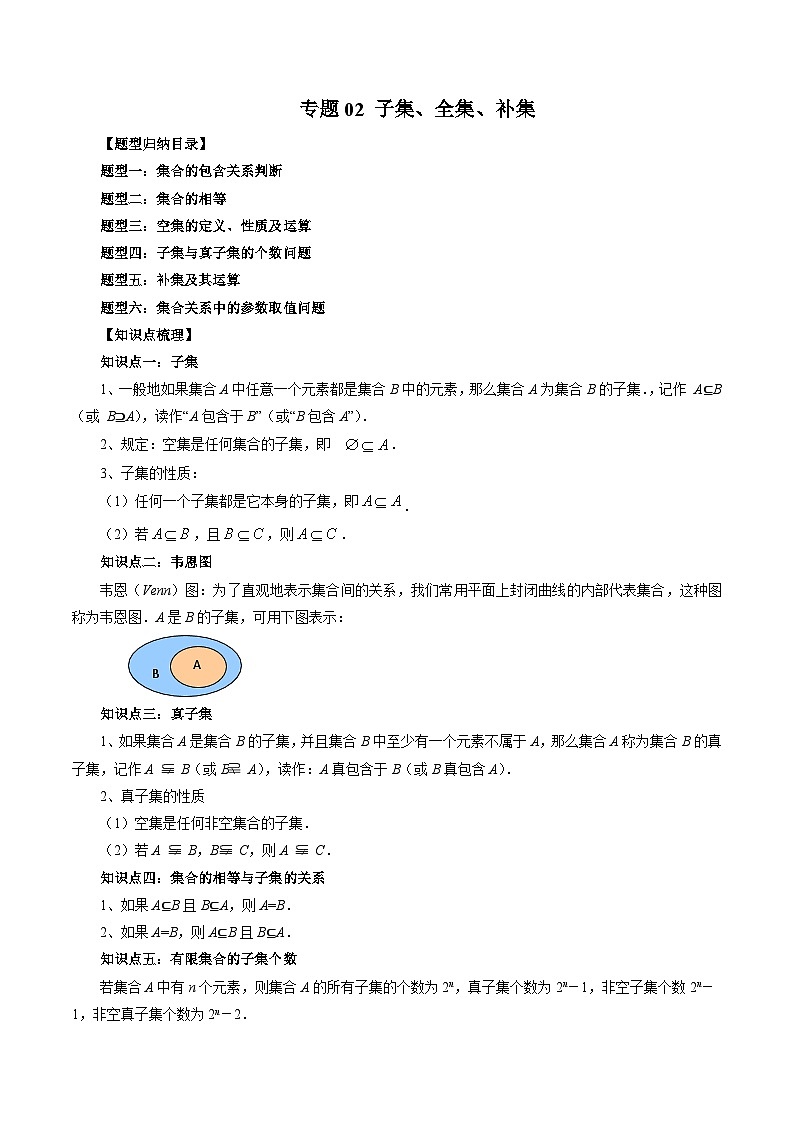 （暑假班）苏教版新高一数学暑假讲义专题02 子集、全集、补集（六大题型）（解析版）第1页