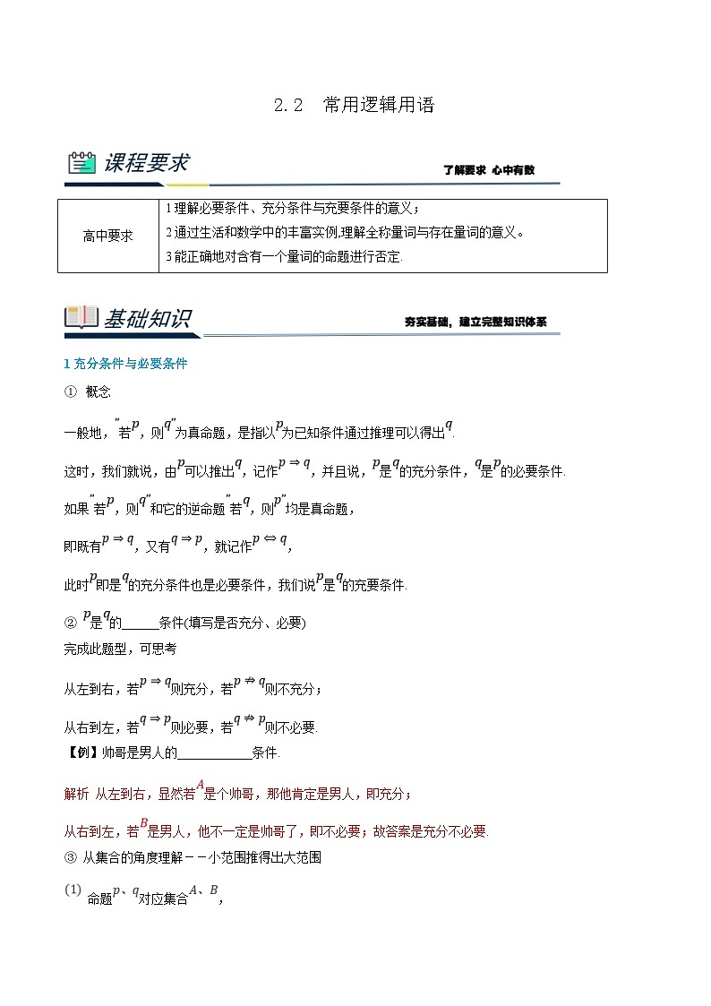 （暑假班）新高一数学(人教A版)暑假讲义2.2 常用逻辑用语（解析版）第1页