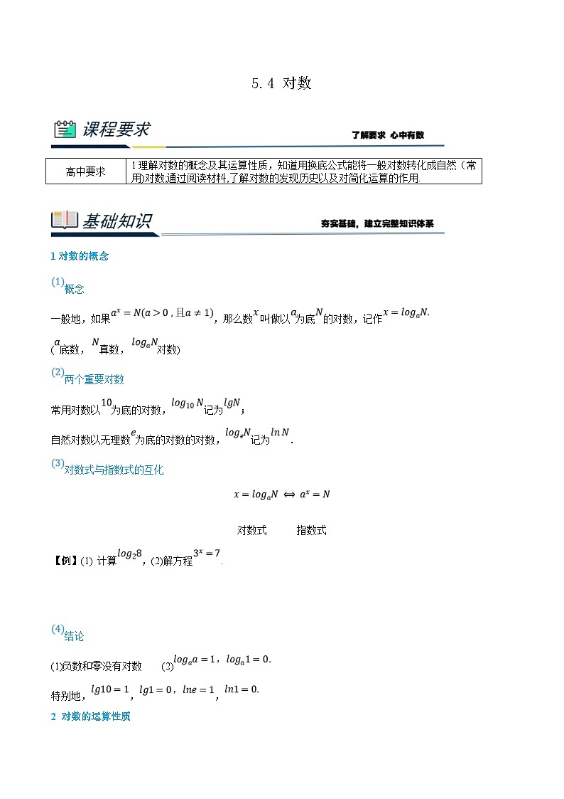 （暑假班）新高一数学(人教A版)暑假讲义5.4 对数（原卷版）第1页