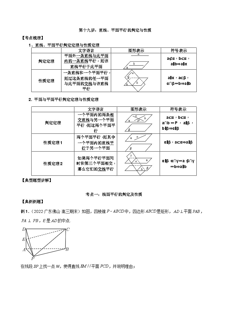 新高考数学二轮复习必考考点讲练第十九讲 直线、平面平行的判定与性质（原卷版）第1页