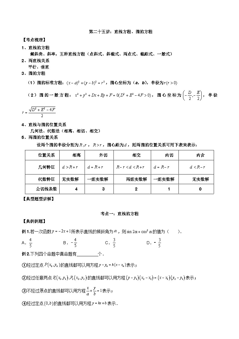 新高考数学二轮复习必考考点讲练第二十五讲 直线方程及圆的方程（原卷版）第1页
