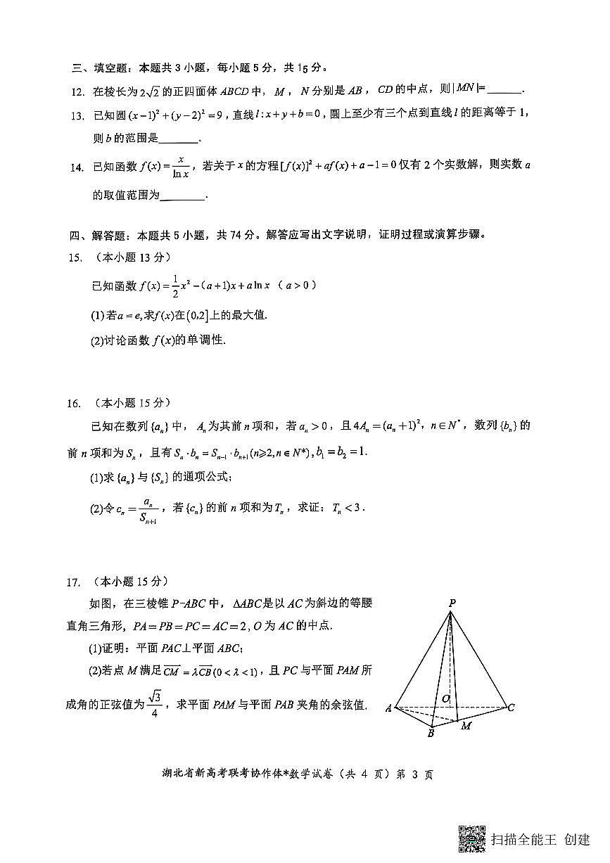 数学-湖北省新高考联考协作体2024-2025学年高二下学期3月联考试卷和解析第3页
