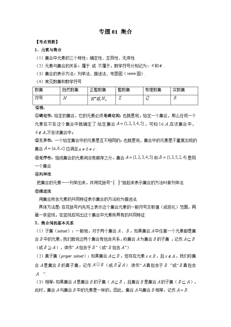 新高考数学一轮复习方法技巧与题型归纳训专题01 集合（原卷版）第1页
