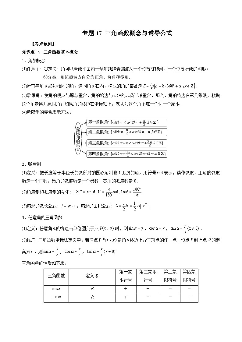 新高考数学一轮复习方法技巧与题型归纳训专题17 三角函数概念与诱导公式 （原卷版）第1页