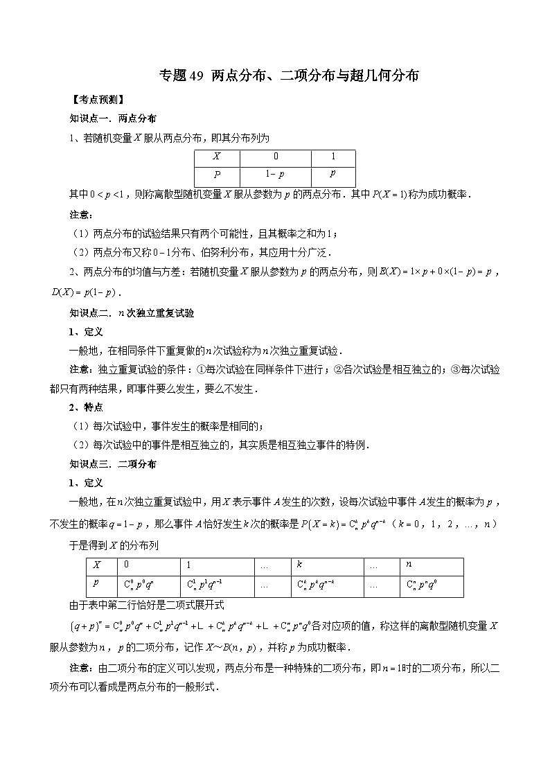 新高考数学一轮复习方法技巧与题型归纳训专题49 两点分布、二项分布与超几何分布（解析版）第1页
