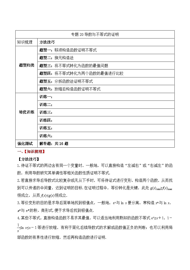 新高考数学一轮复习题型归纳与强化测试专题20 导数与不等式的证明（解析版）第1页