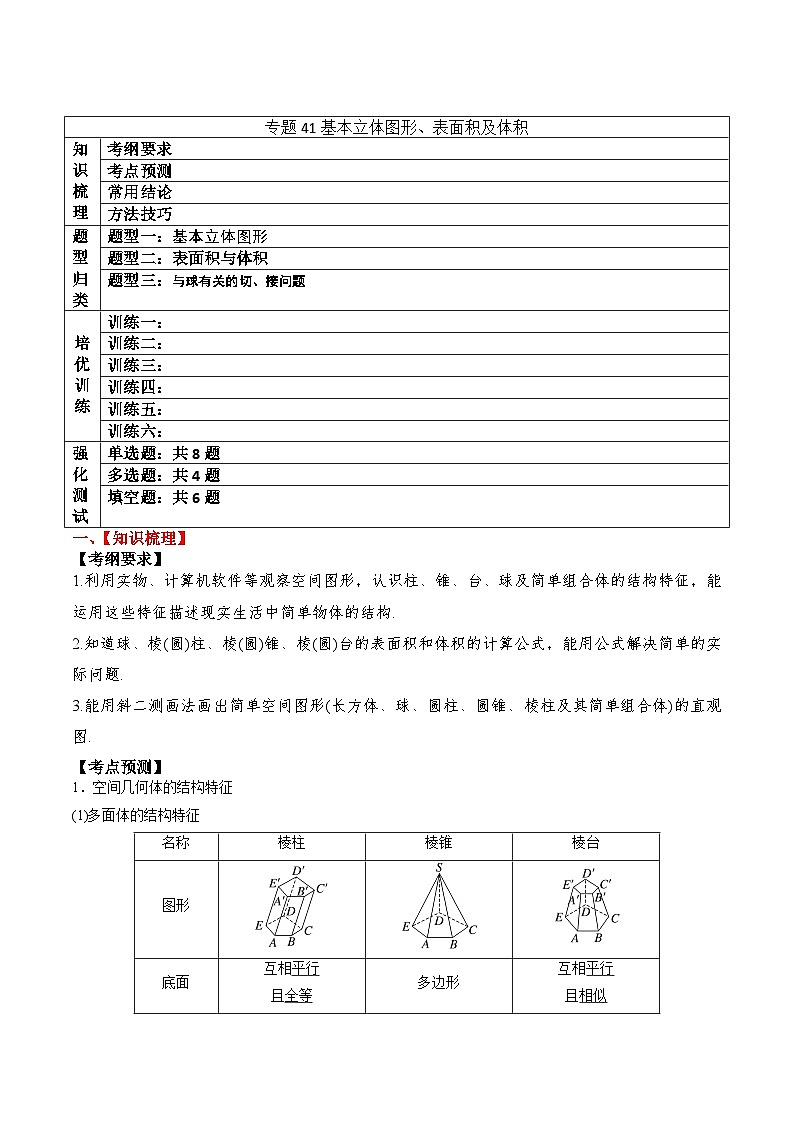 新高考数学一轮复习题型归纳与强化测试专题41 基本立体图形、表面积及体积（解析版）第1页