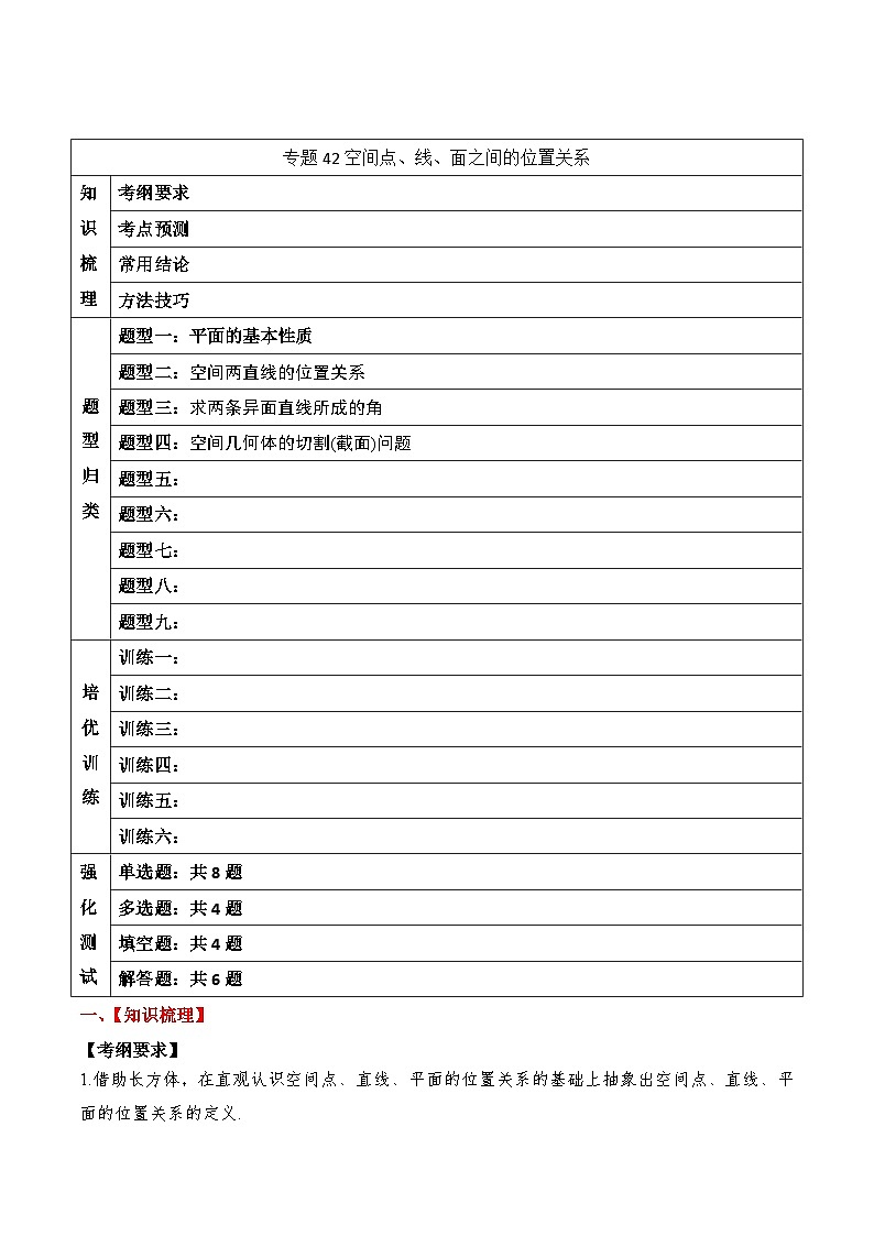 新高考数学一轮复习题型归纳与强化测试专题42 空间点、线、面之间的位置关系（原卷版）第1页