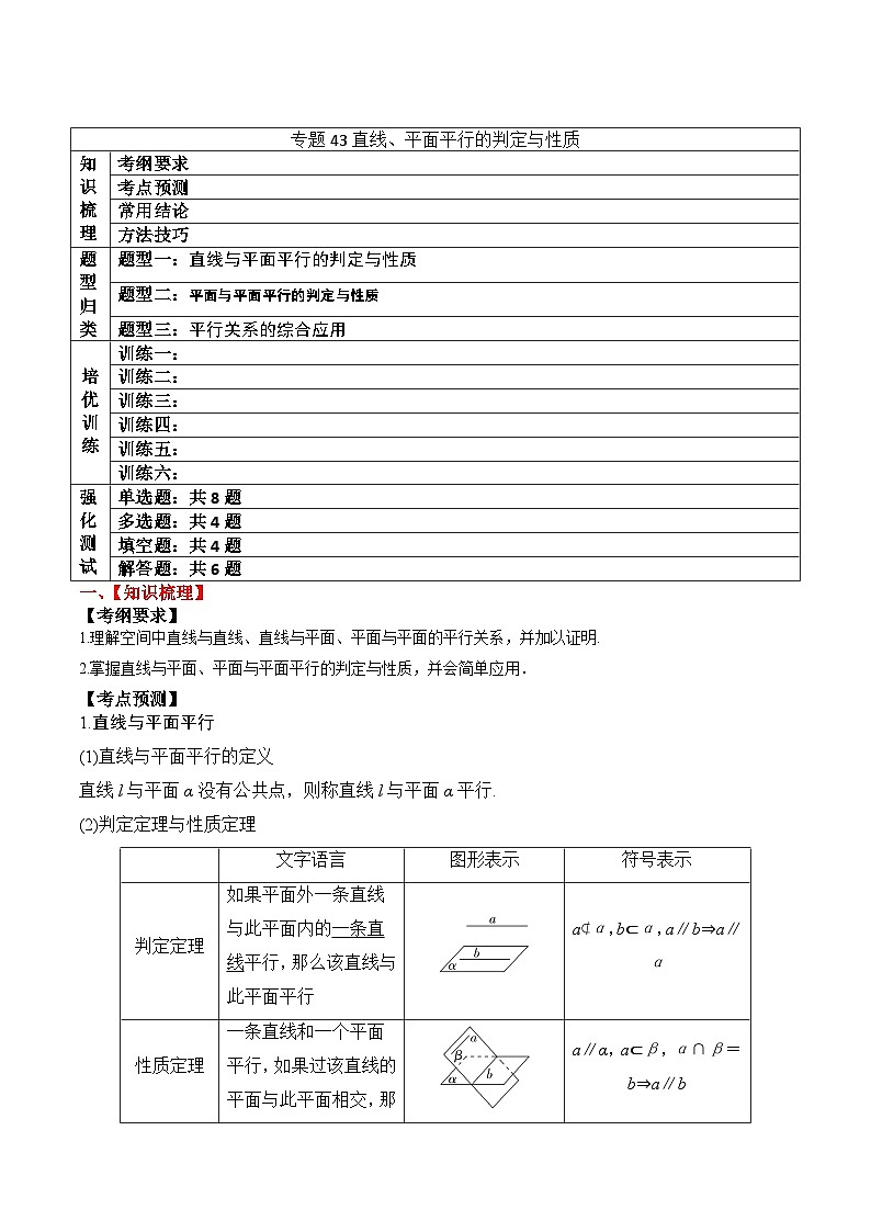 新高考数学一轮复习题型归纳与强化测试专题43直线、平面平行的判定与性质（解析版）第1页