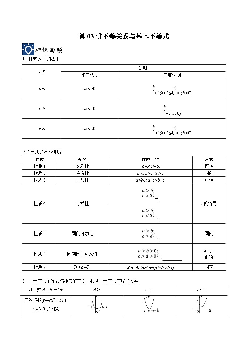 新高考数学一轮复习考点分类提升 第03讲 不等关系与基本不等式（讲义）（原卷版）第1页