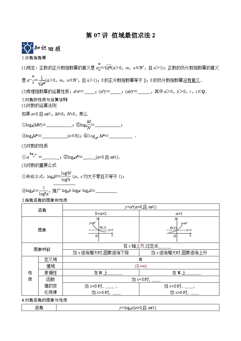 新高考数学一轮复习考点分类提升 第07讲 值域最值求法2（讲义）（原卷版）第1页