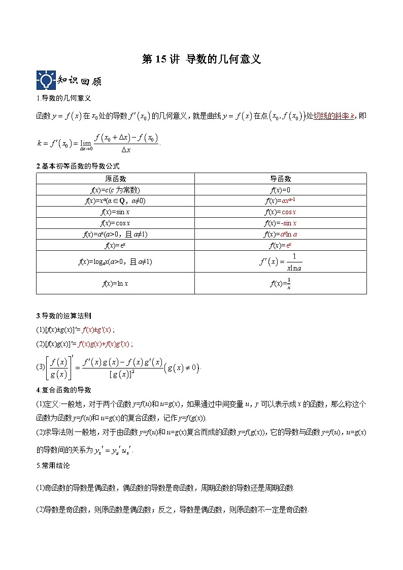 新高考数学一轮复习考点分类提升 第15讲 导数的几何意义（讲义）（原卷版）第1页