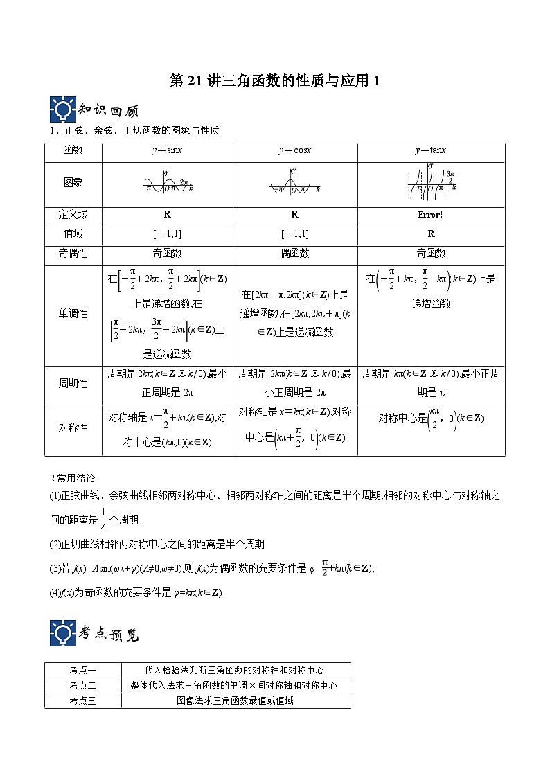 新高考数学一轮复习考点分类提升 第21讲 三角函数的性质与应用1（讲义）（原卷版）第1页