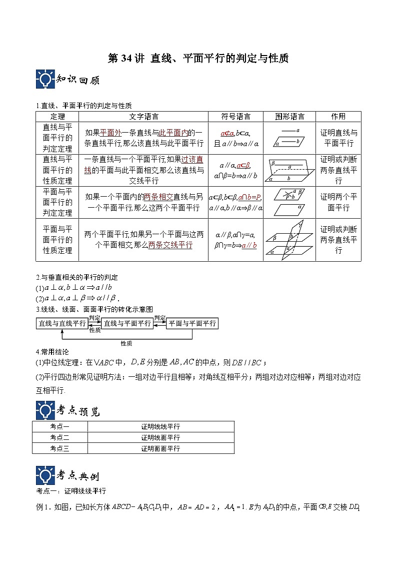 新高考数学一轮复习考点分类提升 第34讲 直线、平面平行的判定与性质（讲义）（原卷版）第1页