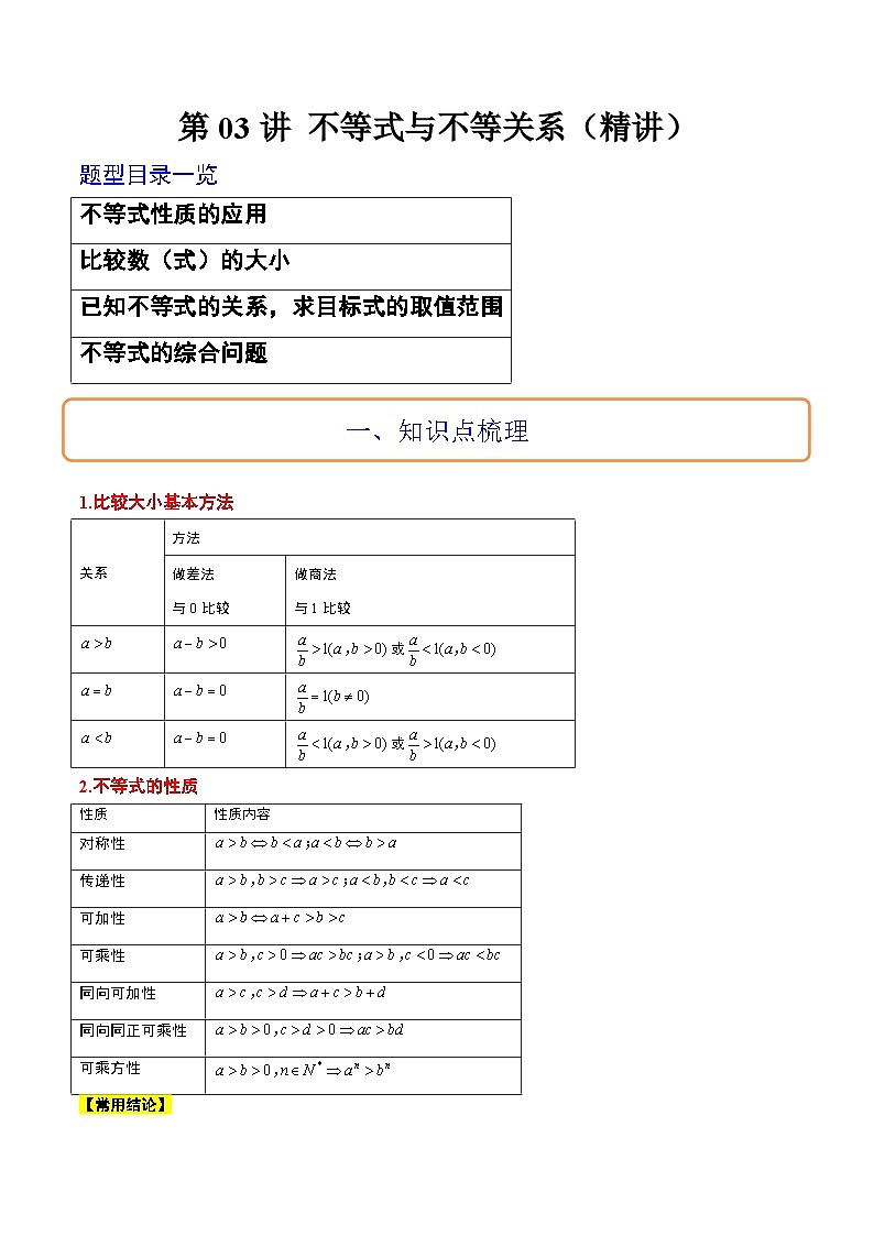 新高考数学一轮复习高频考点题型归纳讲练第03讲 不等式与不等关系（精讲）（原卷版）第1页