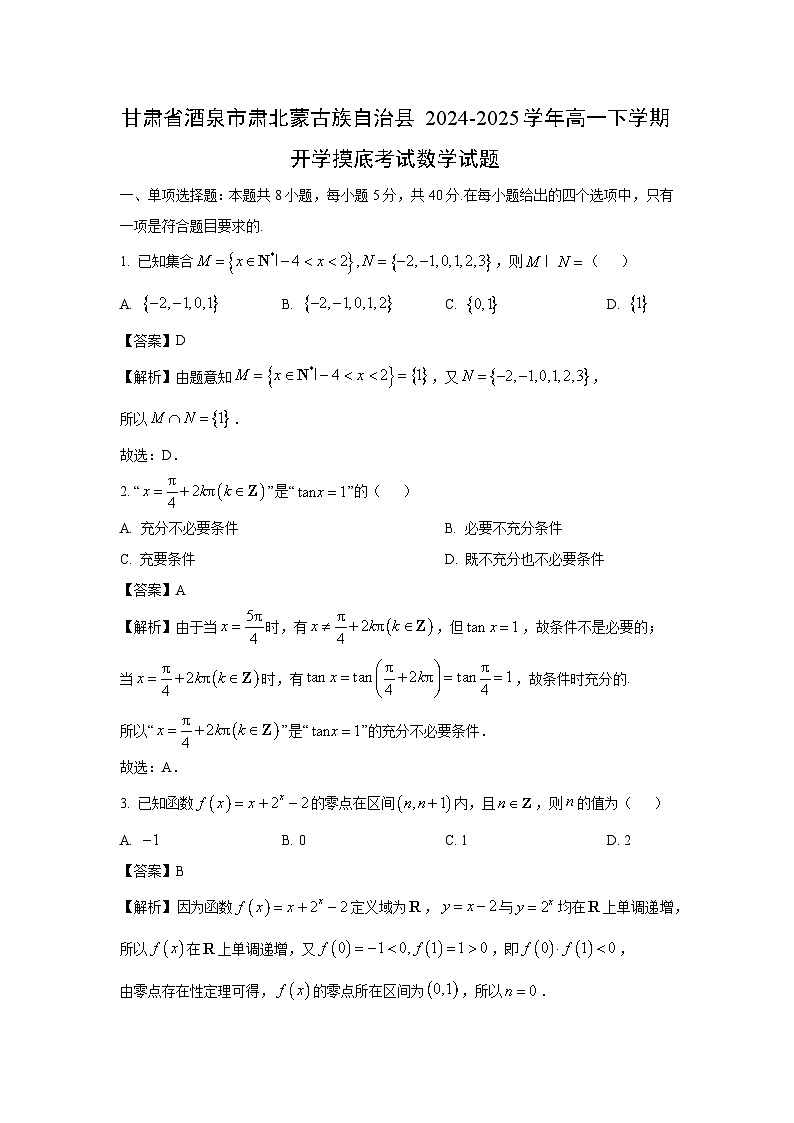 甘肃省酒泉市肃北蒙古族自治县2024-2025学年高一下学期开学摸底考试数学试题（解析版）第1页