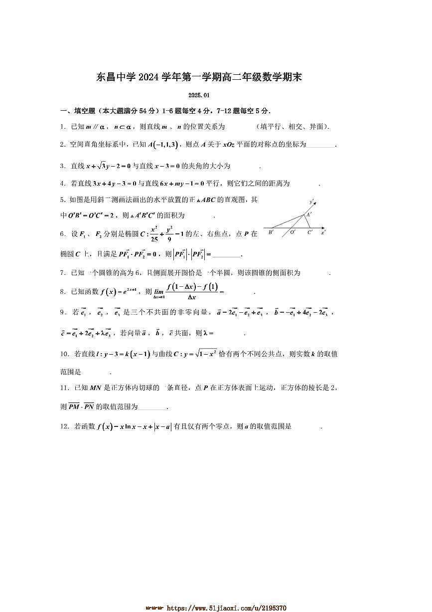 2024～2025学年上海市东昌中学高二上期末考试数学试卷(含答案)第1页