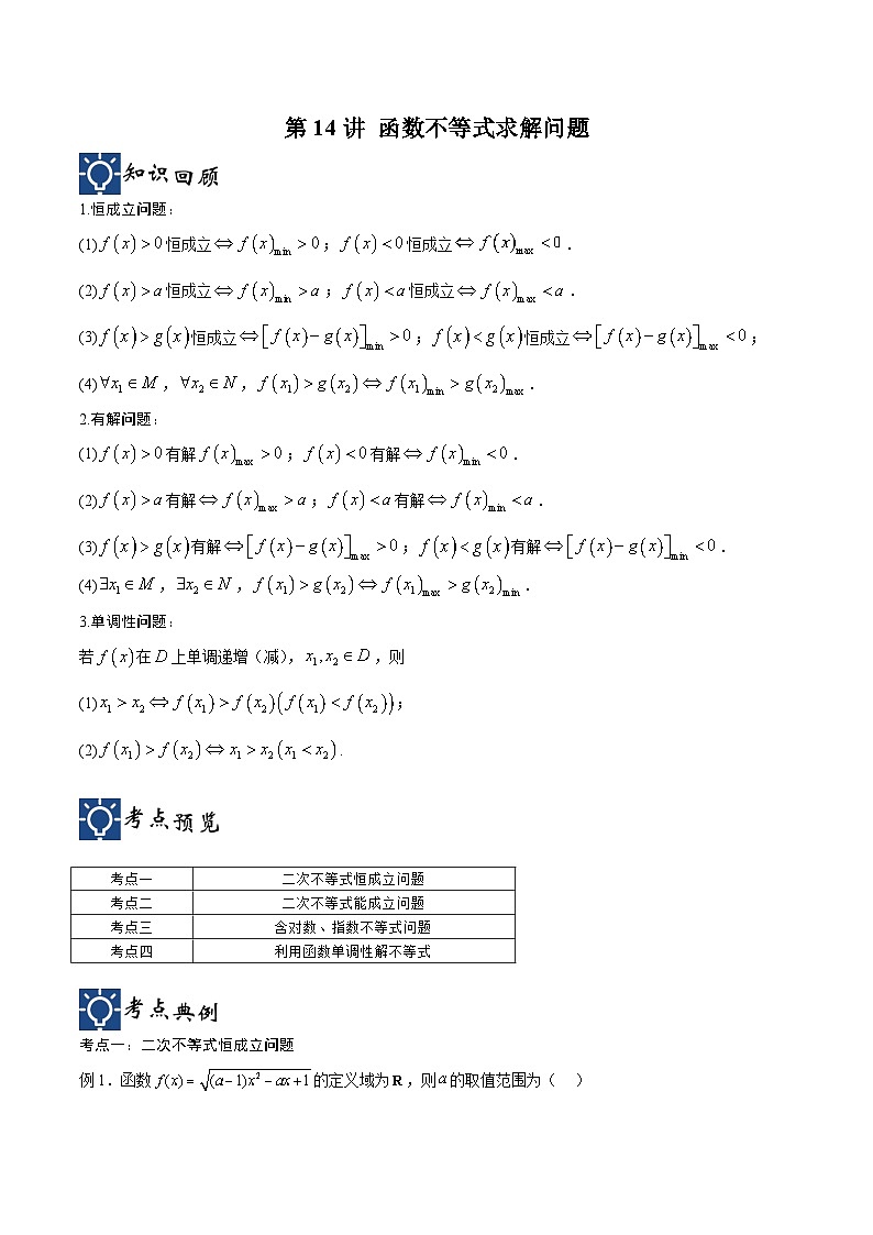 新高考数学一轮复习考点分类提升 第14讲 函数不等式求解问题（讲义）（原卷版）第1页