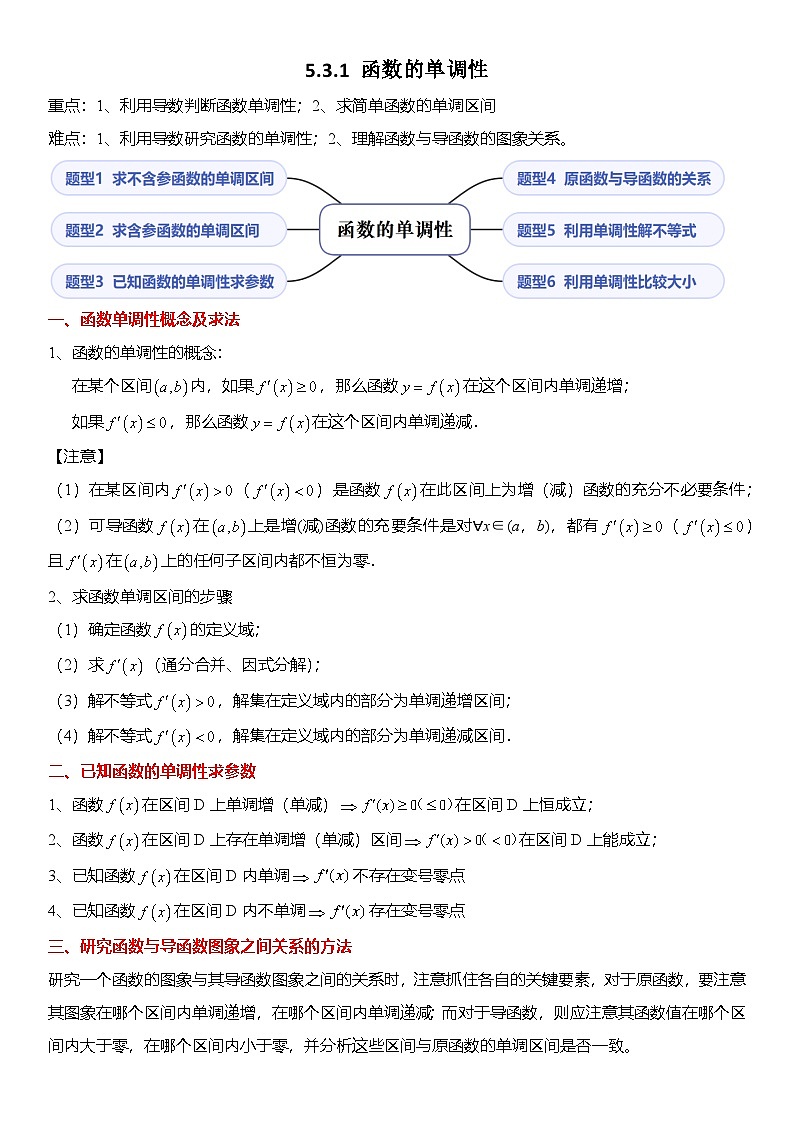人教A版高中数学(选择性必修第二册)题型分类归纳讲与练5.3.1 函数的单调性（6大题型）精讲（原卷版）第1页