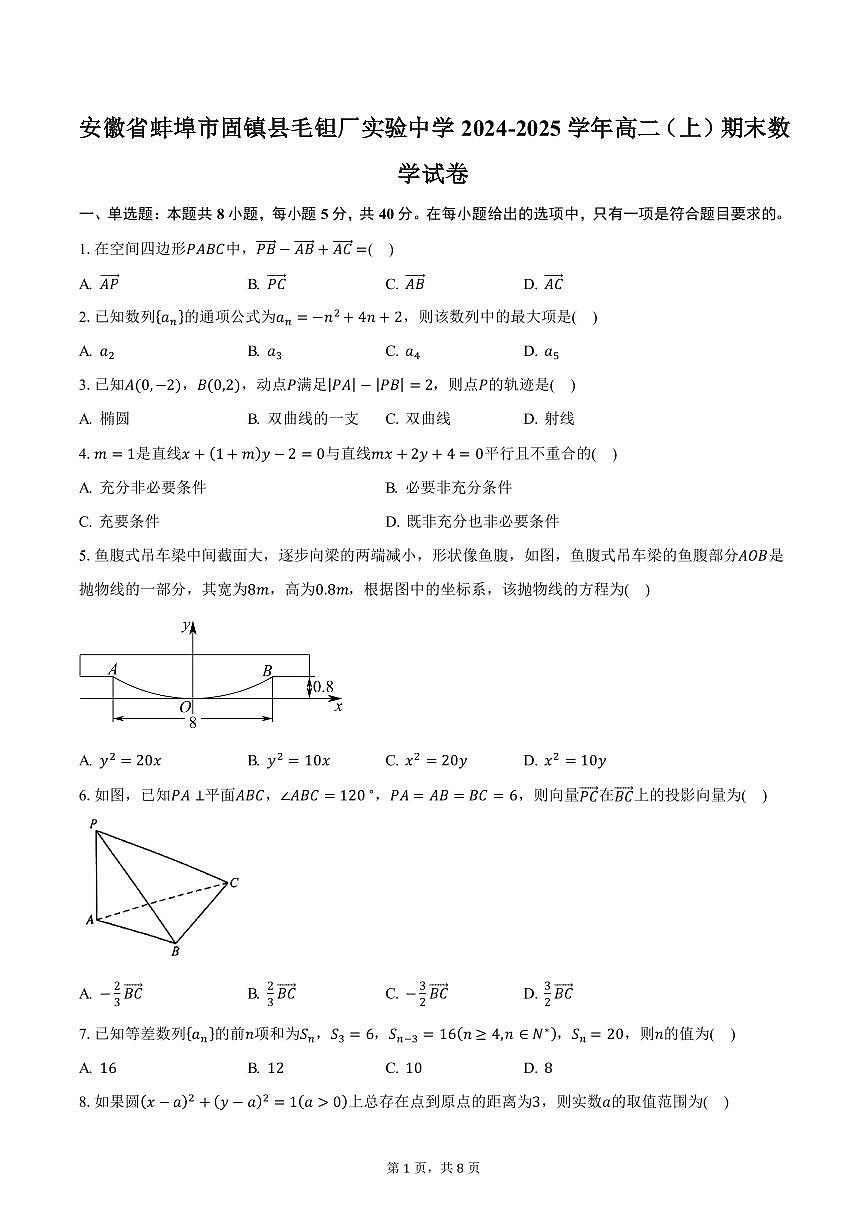 安徽省蚌埠市固镇县毛钽厂实验中学2024-2025学年高二（上）期末数学试卷（含答案）第1页