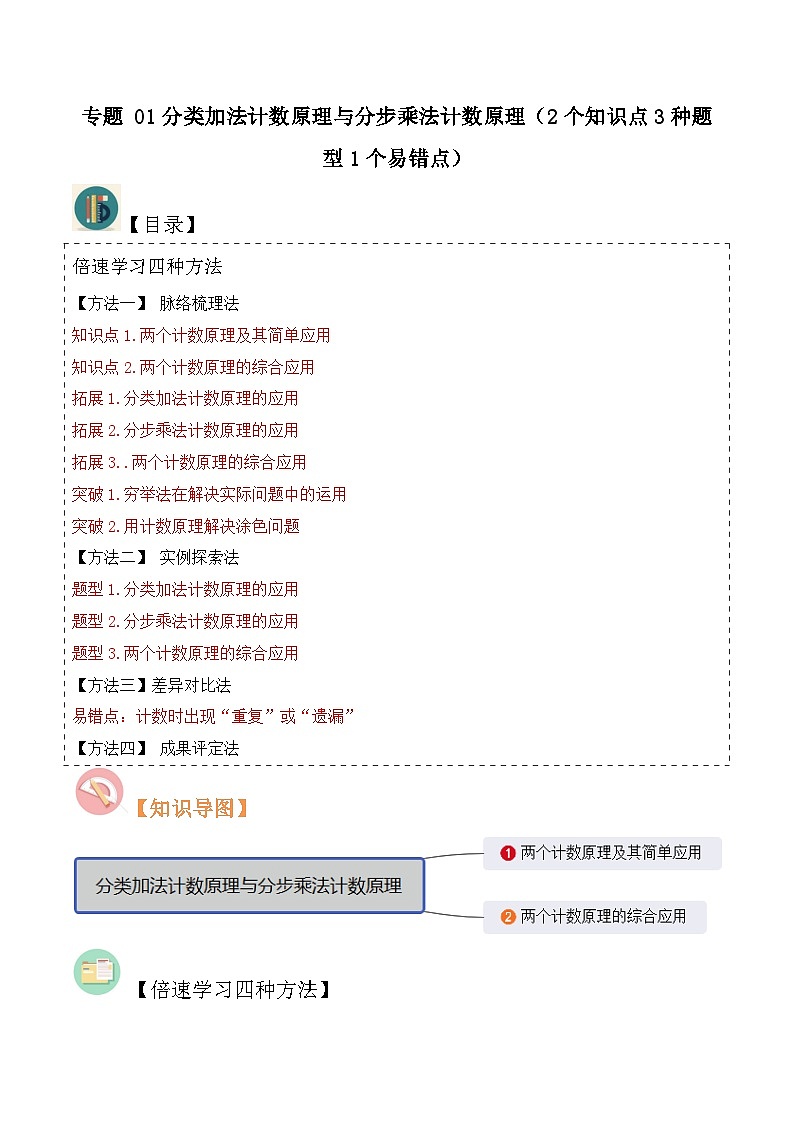 （人教A版）高二数学下学期期中复习考点题型讲练 专题 01分类加法计数原理与分步乘法计数原理（2个知识点3种题型1个易错点）（原卷版）第1页