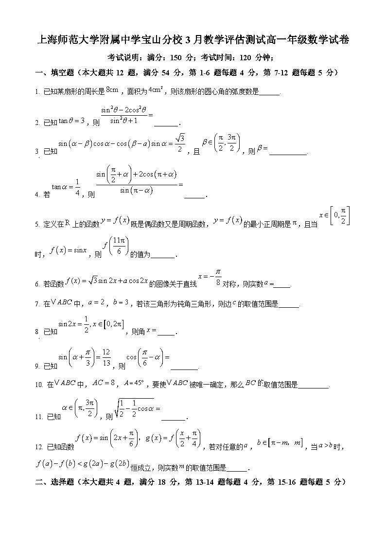 上海市宝山区上海师范大学附属中学宝山分校2024-2025学年高一下学期3月教学评估测试数学试卷（原卷版+解析版）第1页