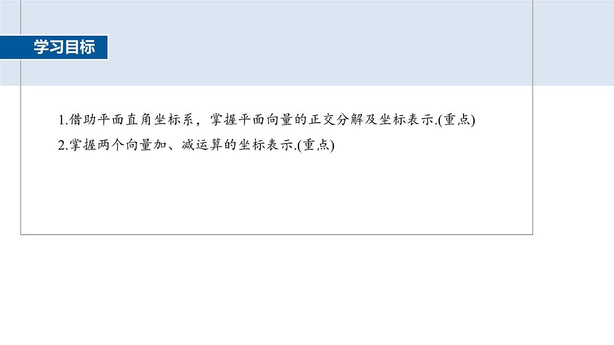 人教A必修二2024-2025学年第二学期高一数学同步课件6.3.2平面向量的正交分解及坐标表示~6.3.3平面向量加、减运算的坐标表示第2页