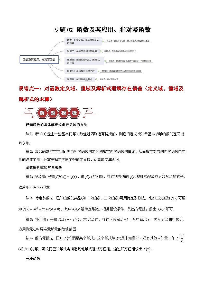 新高考数学二轮复习易错题训练专题02 函数及其应用、指对幂函数（5大易错点分析+解题模板+举一反三+易错题通关）（原卷版）第1页