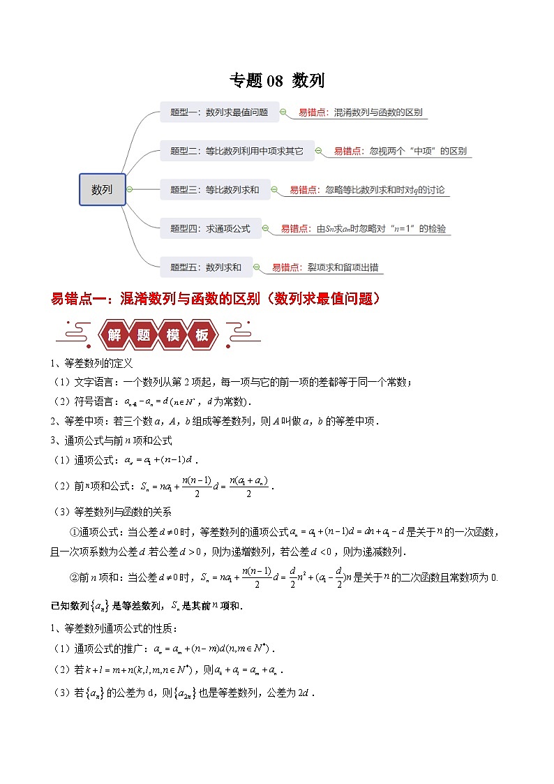 新高考数学二轮复习易错题训练专题08 数列（5大易错点分析+解题模板+举一反三+易错题通关）（原卷版）第1页