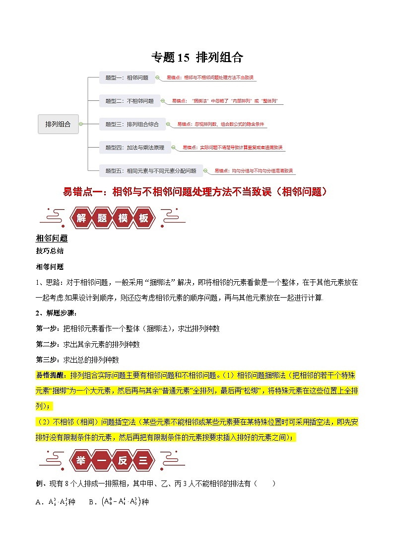 新高考数学二轮复习易错题训练专题15 排列组合（6大易错点分析+解题模板+举一反三+易错题通关）（原卷版）第1页