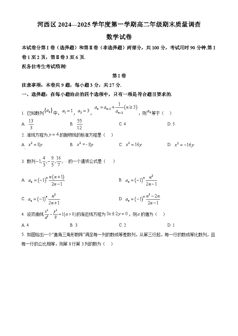 天津市河西区2024-2025学年高二上学期期末质量调查数学试卷  Word版无答案第1页